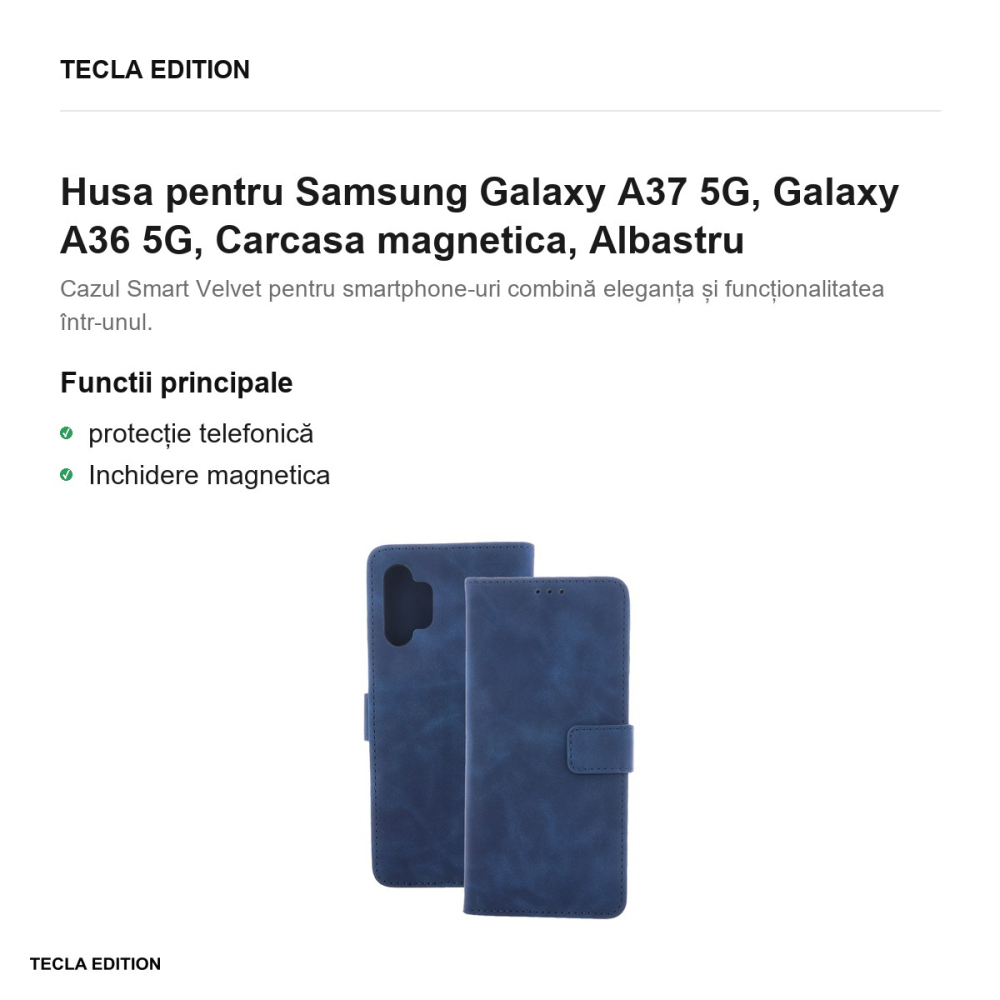 Husa Smart Velvet pentru Samsung Galaxy A37 5G, Galaxy A36 5G, tip carte cu inchidere magnetica, Albastru [2]