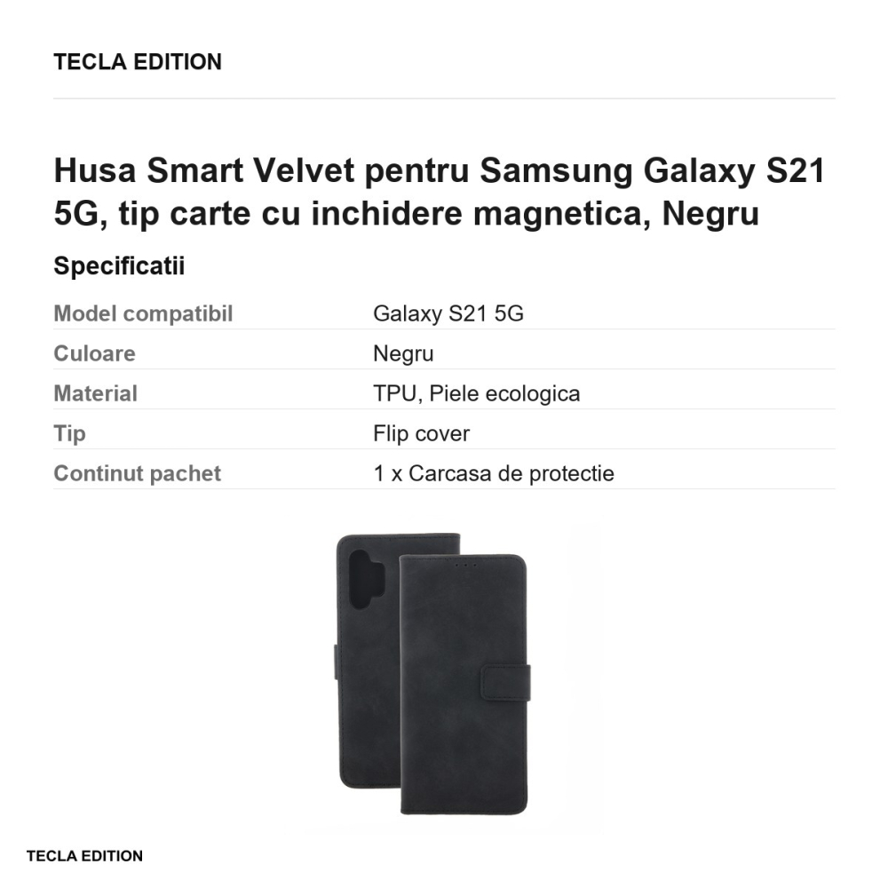 Husa Smart Velvet pentru Samsung Galaxy S21 5G, tip carte cu inchidere magnetica, Negru [3]