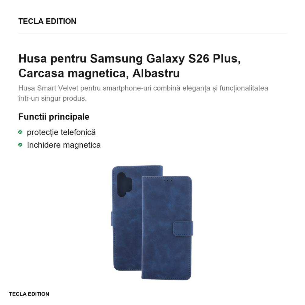 Husa Smart Velvet pentru Samsung Galaxy S26 Plus, tip carte cu inchidere magnetica, Albastru [2]