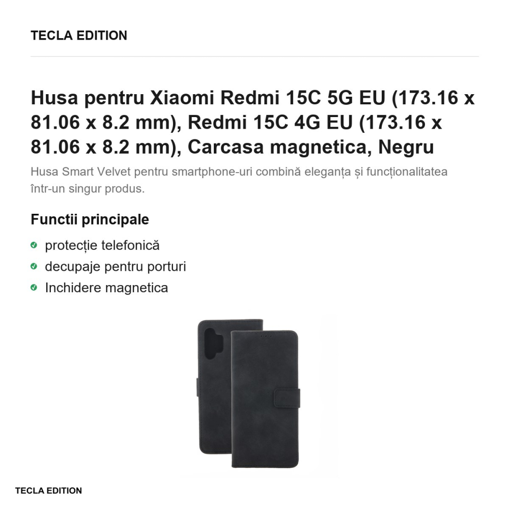 Husa Smart Velvet pentru Xiaomi Redmi 15C 5G EU, Redmi 15C 4G EU, tip carte cu inchidere magnetica, Negru [2]