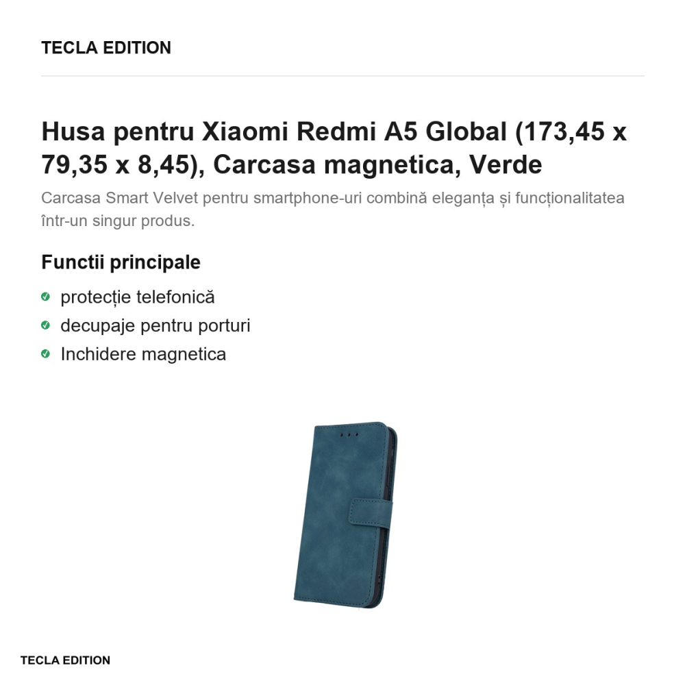 Husa Smart Velvet pentru Xiaomi Redmi A5 Global, tip carte cu inchidere magnetica, Verde [2]