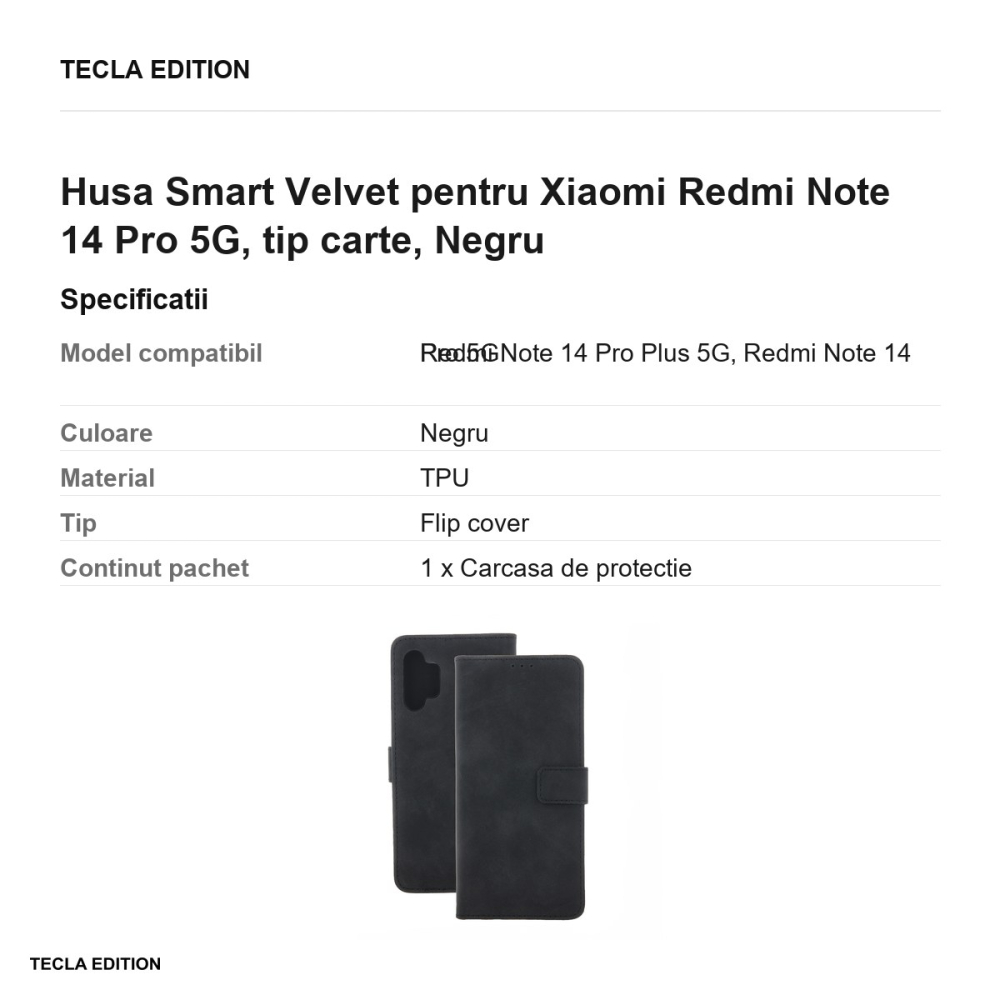 Husa Smart Velvet pentru Xiaomi Redmi Note 14 Pro 5G, tip carte, Negru [3]