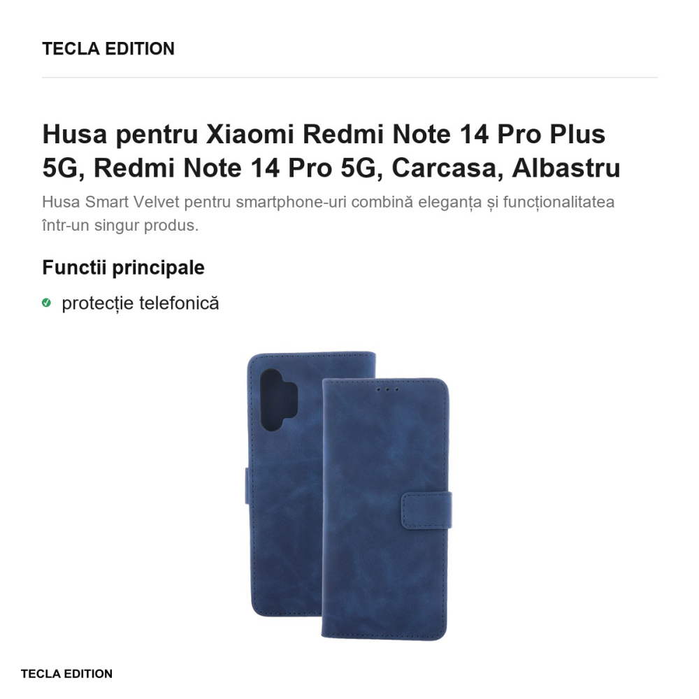 Husa Smart Velvet pentru Xiaomi Redmi Note 14 Pro Plus 5G, Redmi Note 14 Pro 5G, tip carte, Albastru [2]