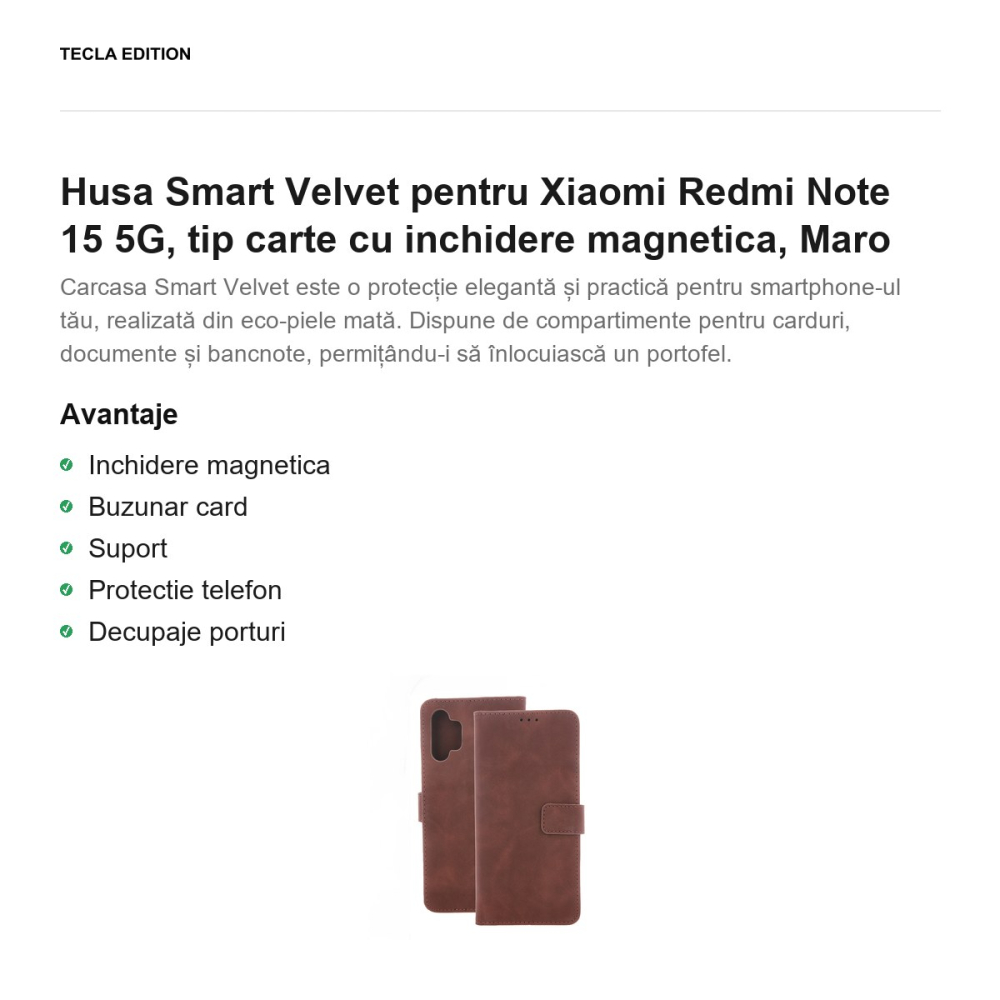 Husa Smart Velvet pentru Xiaomi Redmi Note 15 5G, tip carte cu inchidere magnetica, Maro [2]