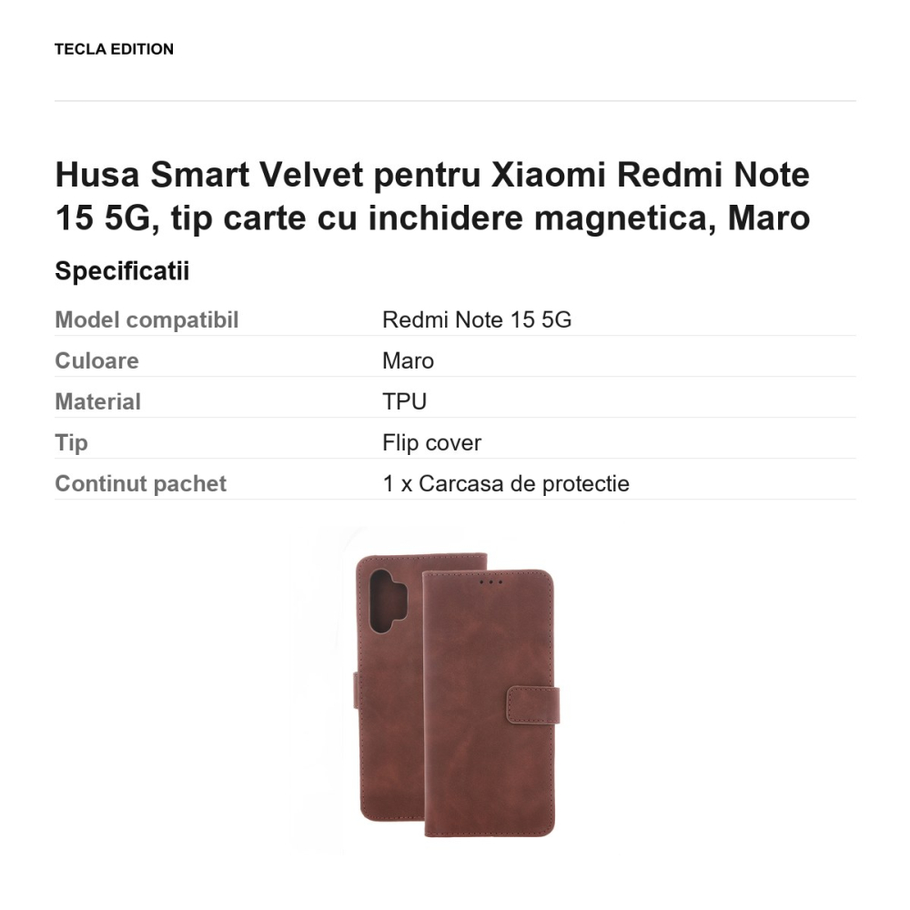 Husa Smart Velvet pentru Xiaomi Redmi Note 15 5G, tip carte cu inchidere magnetica, Maro [3]