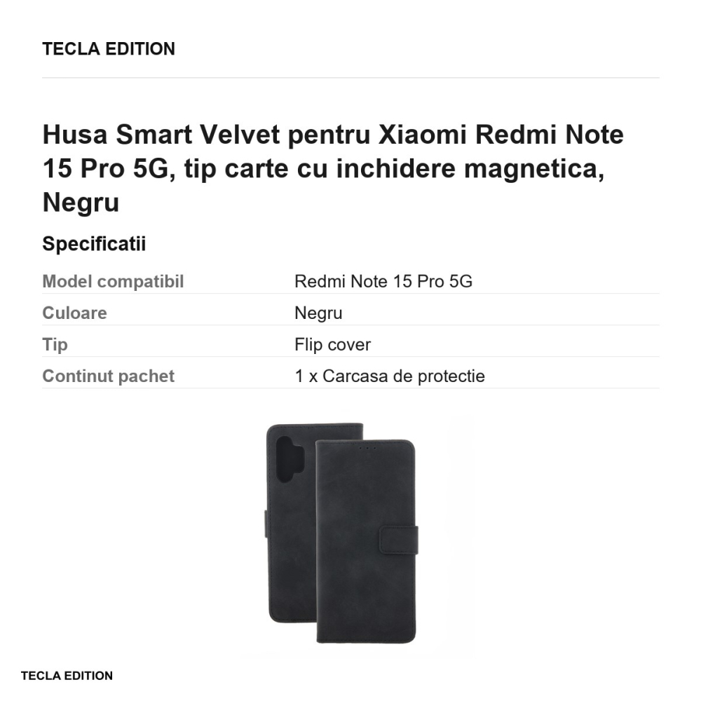 Husa Smart Velvet pentru Xiaomi Redmi Note 15 Pro 5G, tip carte cu inchidere magnetica, Negru [3]