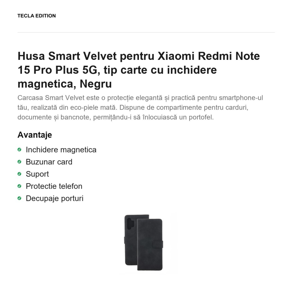 Husa Smart Velvet pentru Xiaomi Redmi Note 15 Pro Plus 5G, tip carte cu inchidere magnetica, Negru [2]