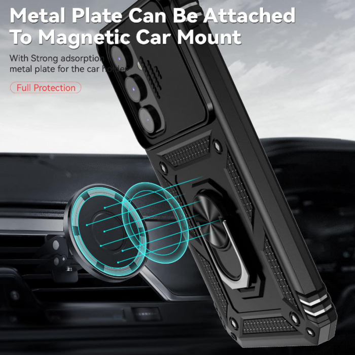 Husa spate Antisoc Defender Slide Armor, compatibila Samsung Galaxy A12 / M12, suport cu inel rotativ 360 grade incorporat, capac glisant pentru camera, neagra [6]