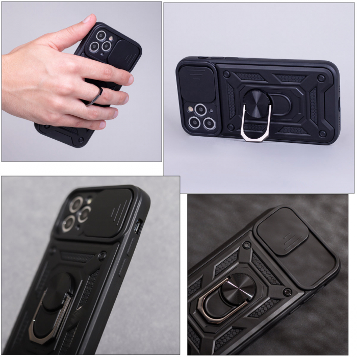 Husa spate Antisoc Defender Slide Armor, compatibila Xiaomi Redmi Note 10 Pro / 10 Pro Max, suport cu inel rotativ 360 grade incorporat, capac glisant pentru camera, neagra [5]
