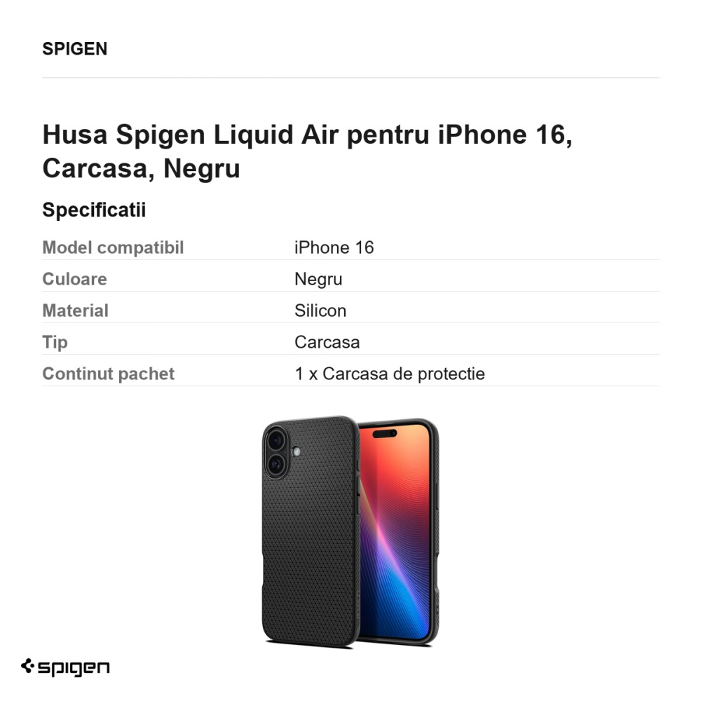 Husa Spigen Liquid Air pentru iPhone 16, Carcasa, Negru [3]