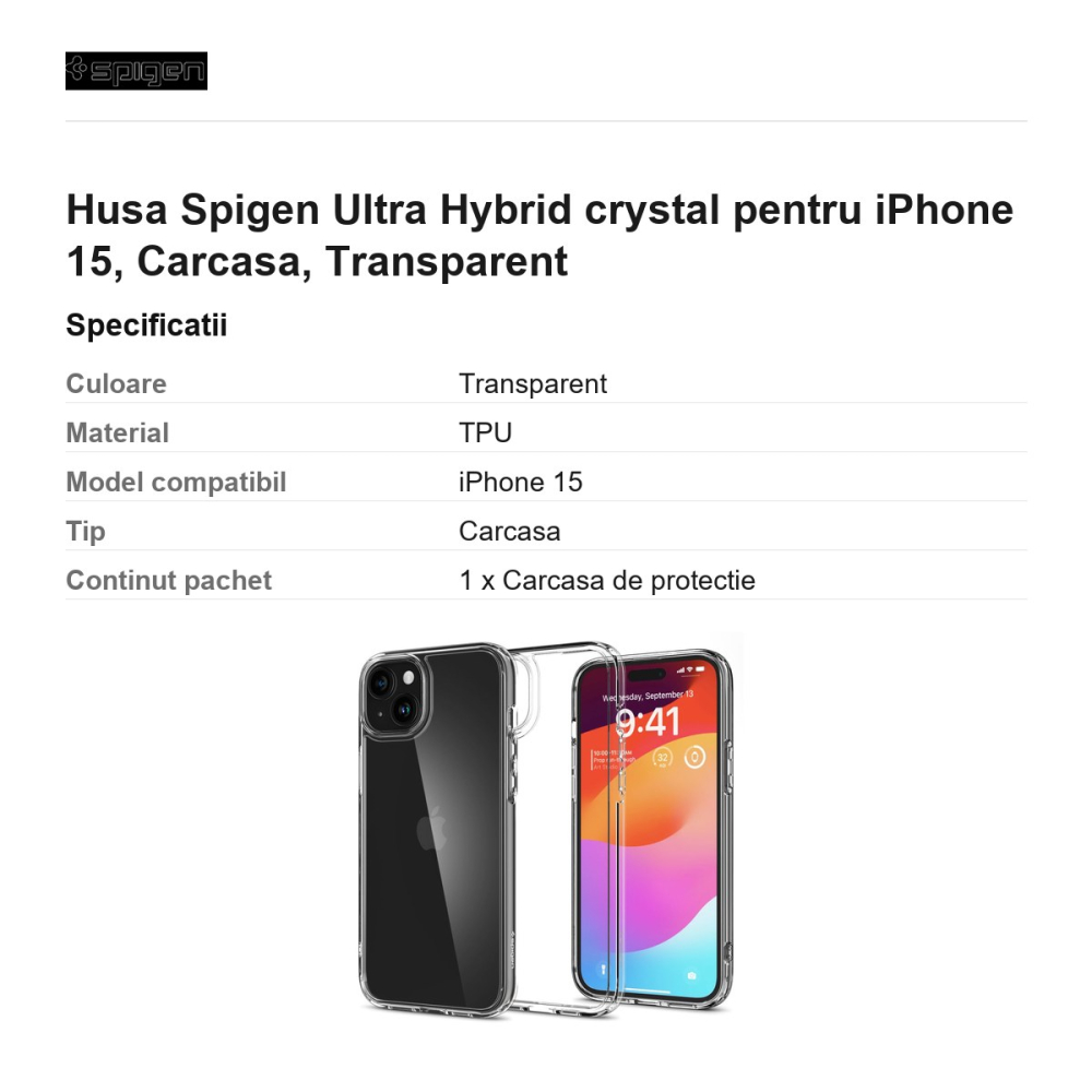 Husa Spigen Ultra Hybrid crystal pentru iPhone 15, Carcasa, Transparent [3]
