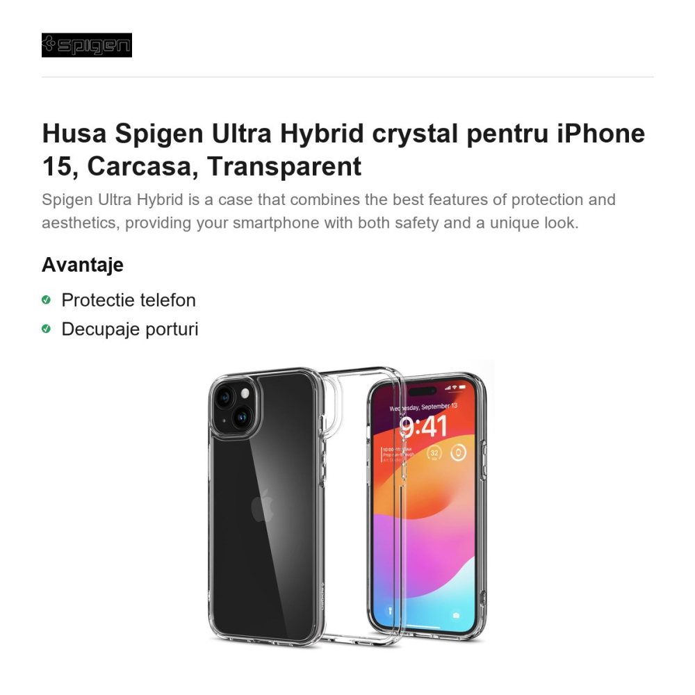 Husa Spigen Ultra Hybrid crystal pentru iPhone 15, Carcasa, Transparent [2]