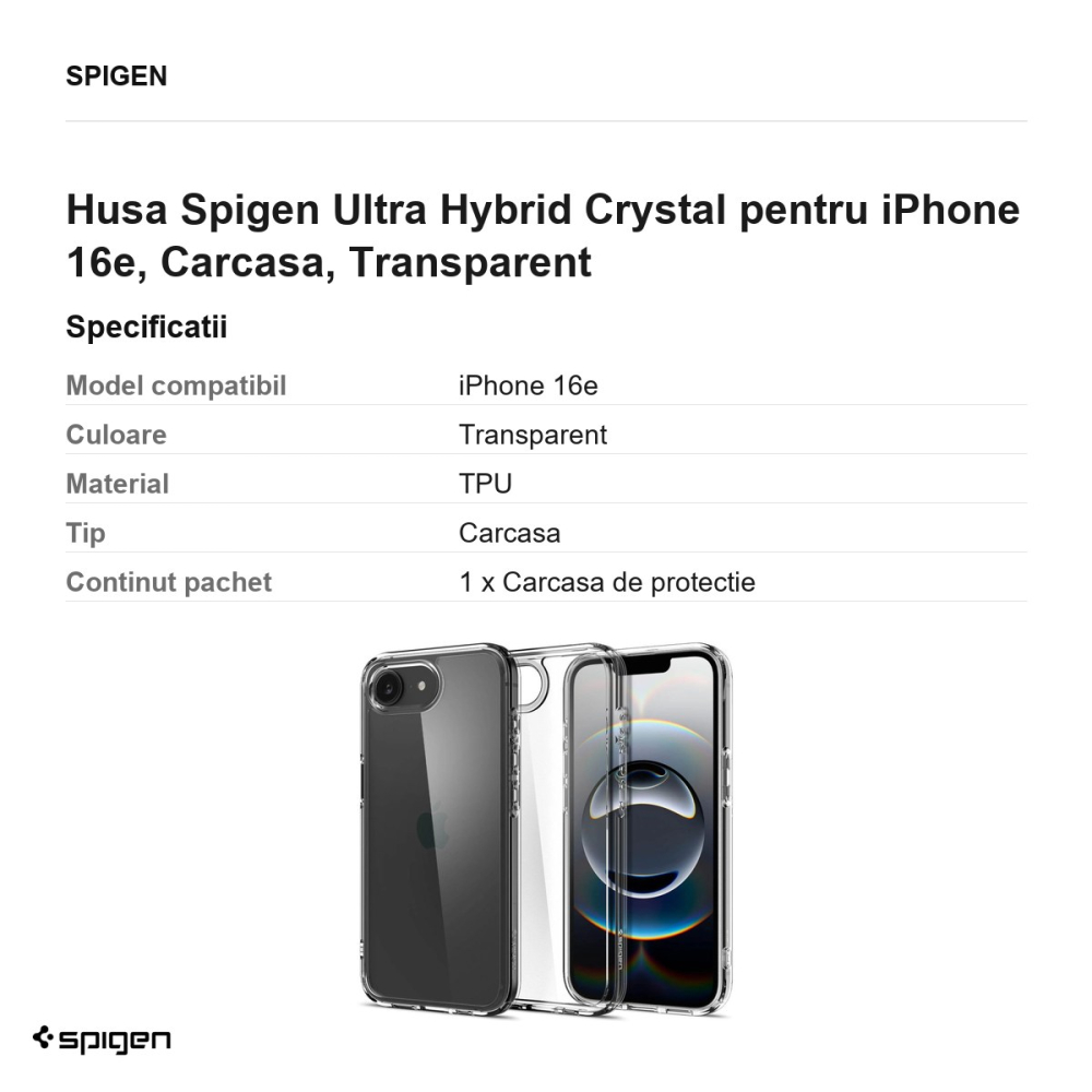 Husa Spigen Ultra Hybrid Crystal pentru iPhone 16e, Carcasa, Transparent [3]