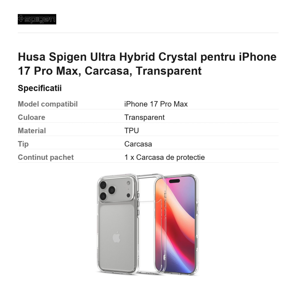 Husa Spigen Ultra Hybrid Crystal pentru iPhone 17 Pro Max, Carcasa, Transparent [3]