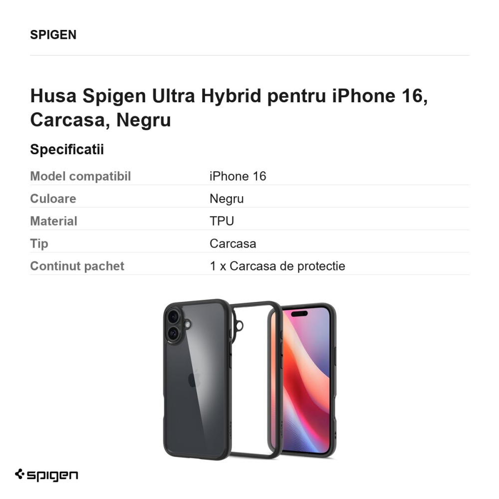 Husa Spigen Ultra Hybrid pentru iPhone 16, Carcasa, Negru [3]