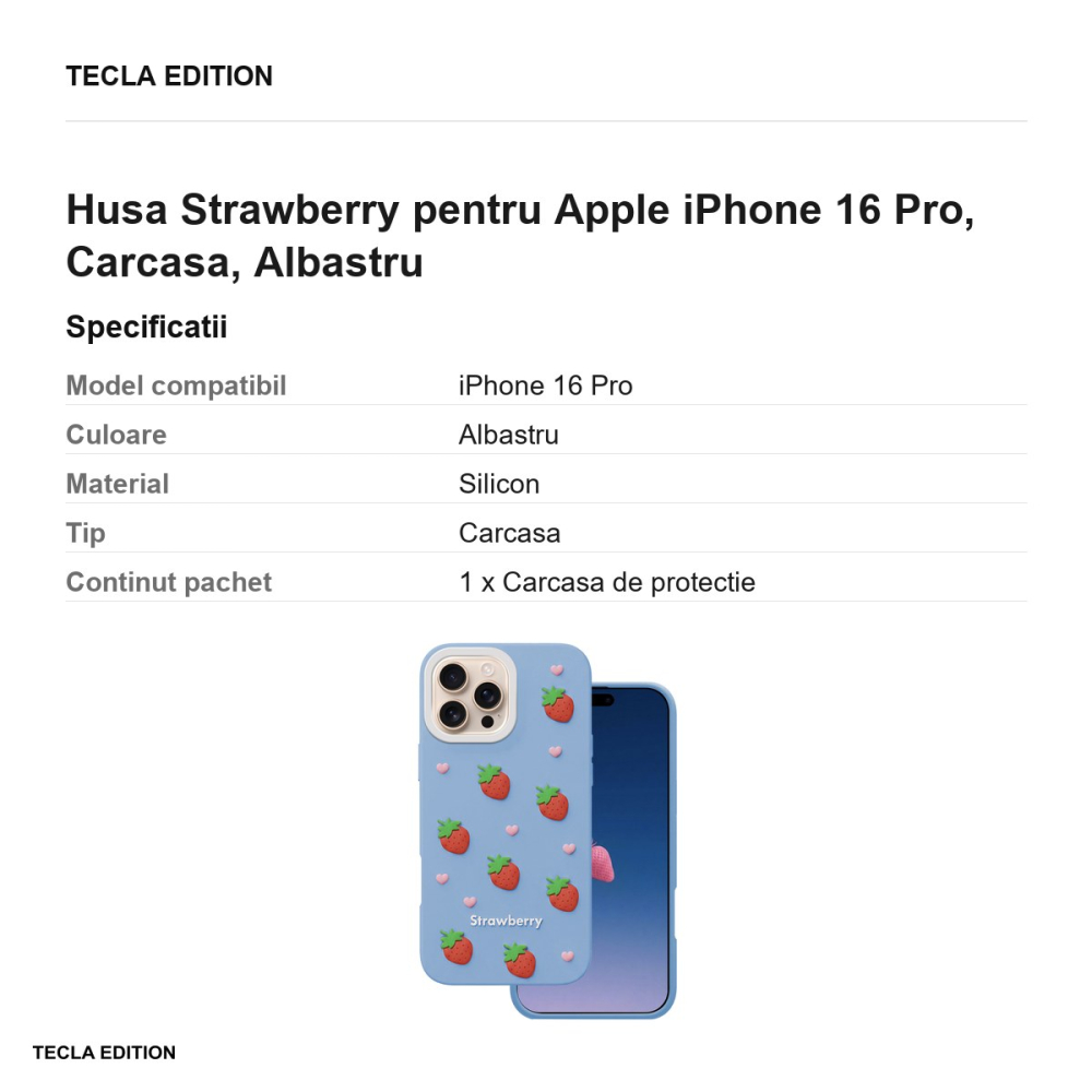 Husa Strawberry pentru Apple iPhone 16 Pro, Carcasa, Albastru [3]