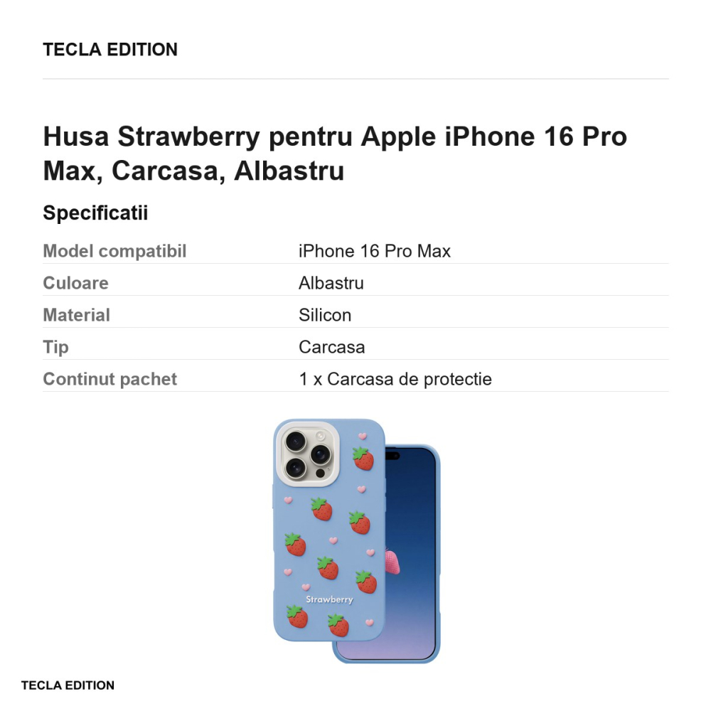 Husa Strawberry pentru Apple iPhone 16 Pro Max, Carcasa, Albastru [3]