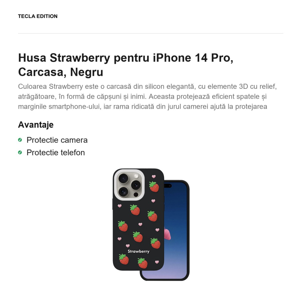 Husa Strawberry pentru iPhone 14 Pro, Carcasa, Negru [2]