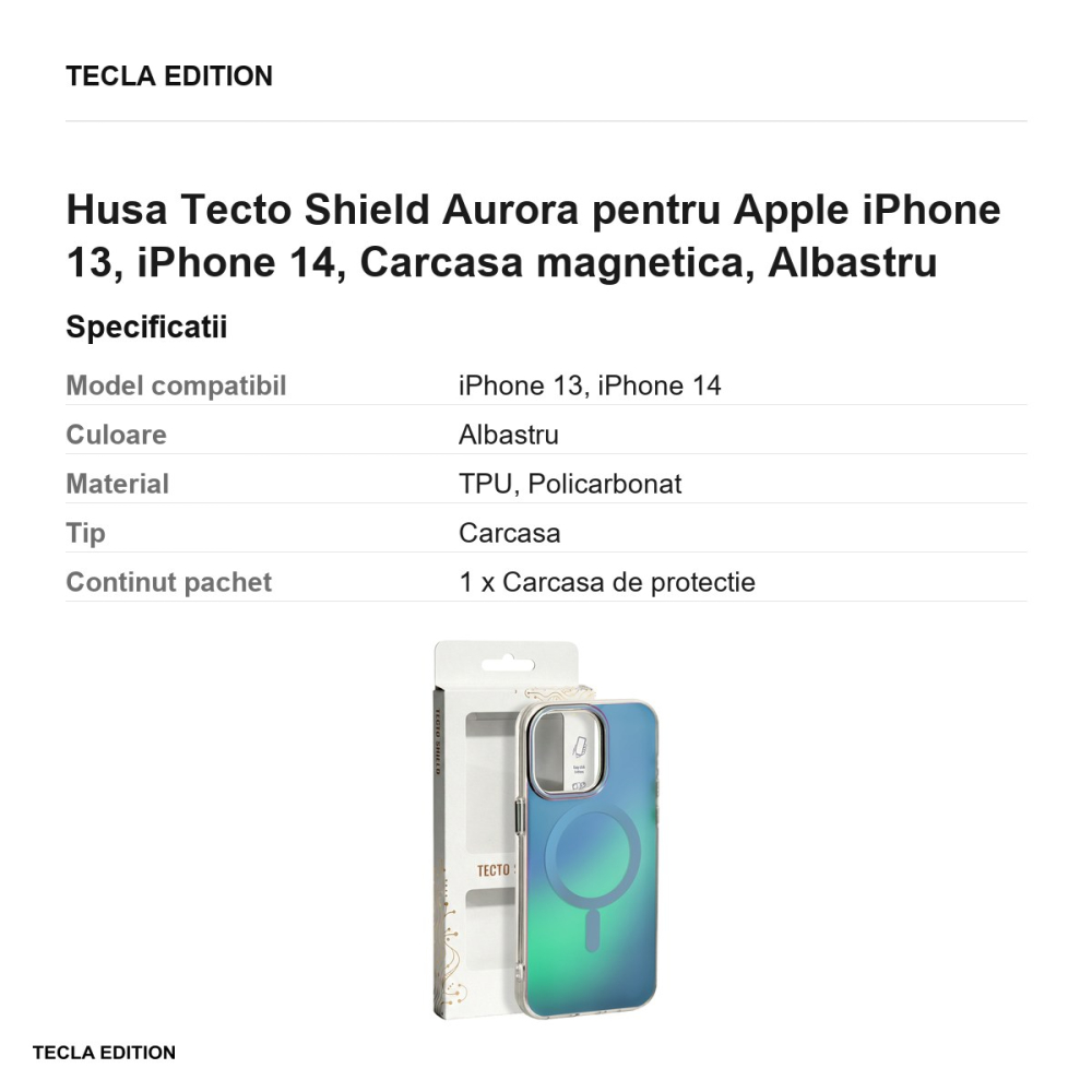 Husa Tecto Shield Aurora pentru Apple iPhone 13, iPhone 14, Carcasa magnetica, Albastru [3]