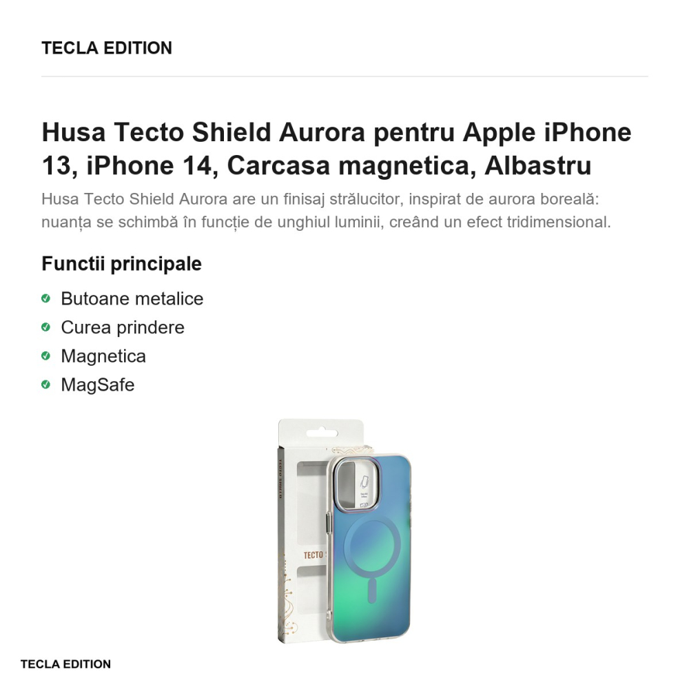 Husa Tecto Shield Aurora pentru Apple iPhone 13, iPhone 14, Carcasa magnetica, Albastru [2]