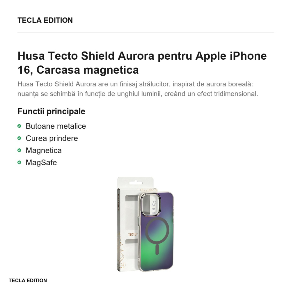 Husa Tecto Shield Aurora pentru Apple iPhone 16, Carcasa magnetica, Gri [2]