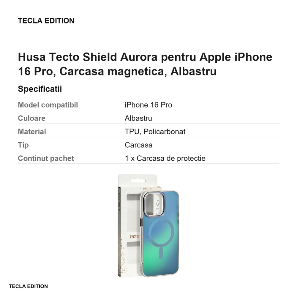 Husa Tecto Shield Aurora pentru Apple iPhone 16 Pro, Carcasa magnetica, Albastru [3]