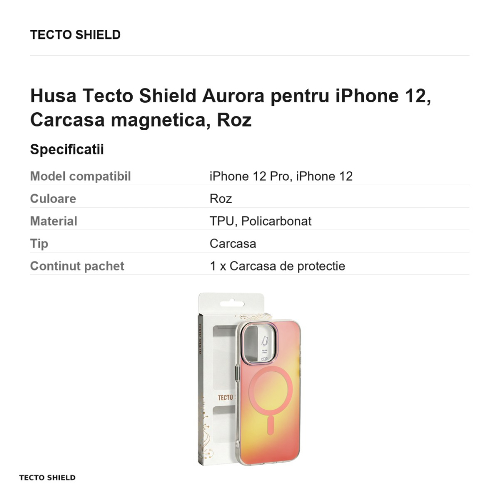 Husa Tecto Shield Aurora pentru iPhone 12, Carcasa magnetica, Roz [3]
