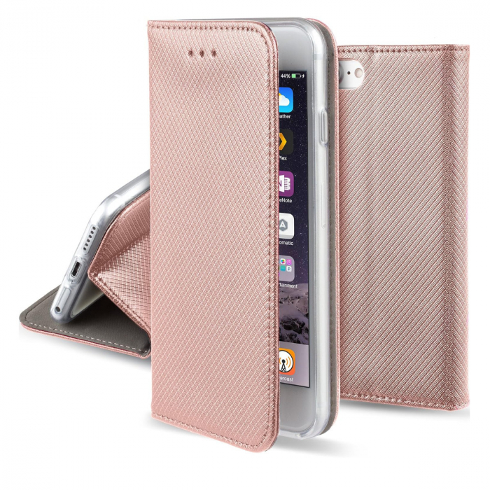 Husa tip carte, compatibila cu iPhone 14, premium flip book cu inchidere magnetica si functie stand, buzunar card, rose gold [2]