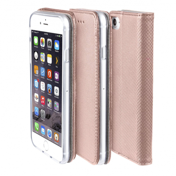 Husa tip carte, compatibila cu iPhone 14, premium flip book cu inchidere magnetica si functie stand, buzunar card, rose gold [3]