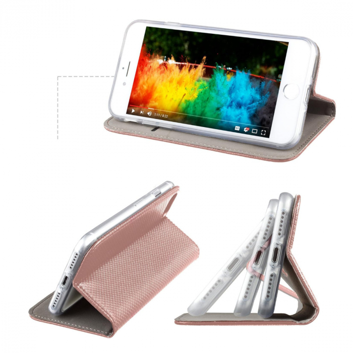 Husa tip carte, compatibila cu iPhone 14, premium flip book cu inchidere magnetica si functie stand, buzunar card, rose gold [4]