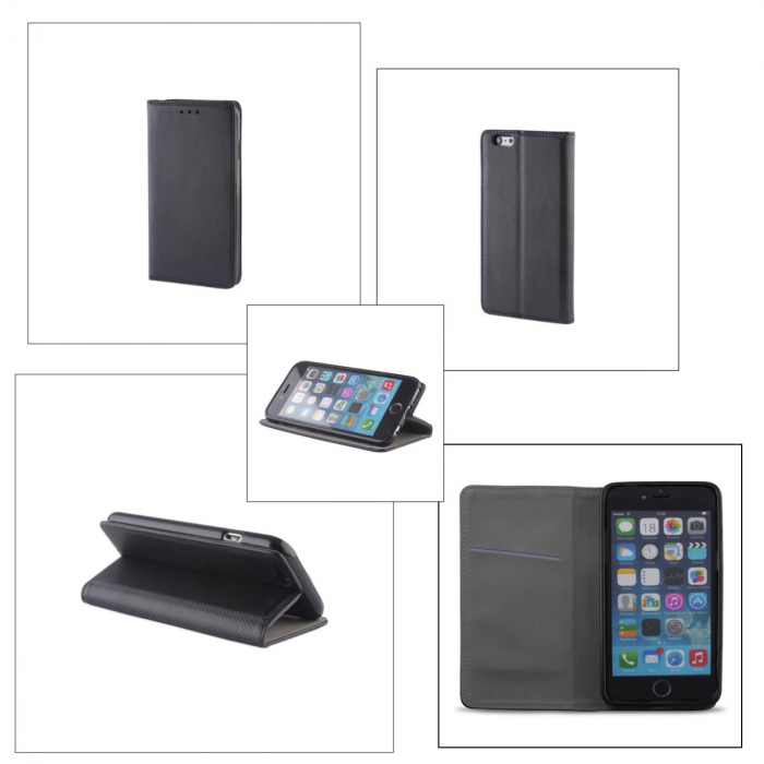 Husa tip carte, compatibila cu Iphone 15 Pro 6.1'', premium flip book cu inchidere magnetica si functie stand, buzunar card, neagra [4]