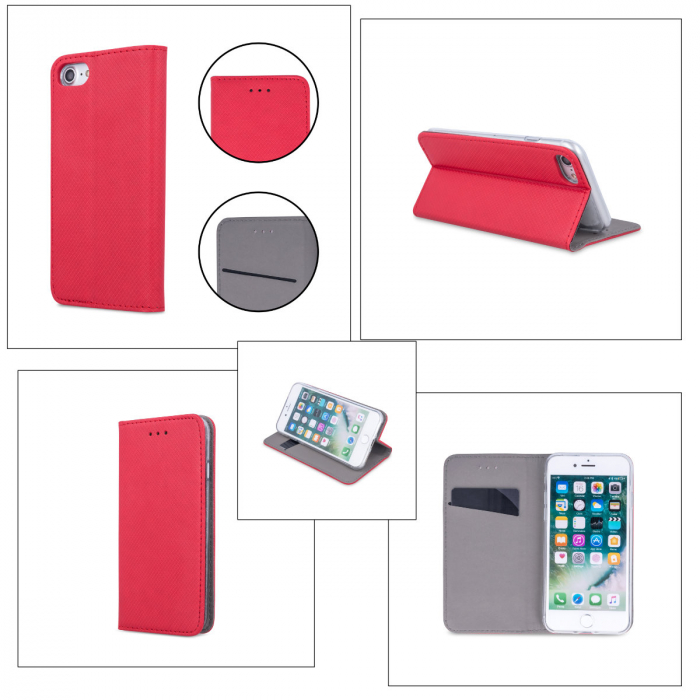 Husa tip carte, compatibila cu Iphone 15 Pro 6.1'', premium flip book cu inchidere magnetica si functie stand, buzunar card, rosie [4]