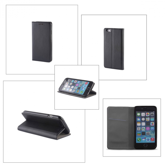 Husa tip carte, compatibila cu Iphone 15 Pro Max, premium flip book cu inchidere magnetica si functie stand, buzunar card, neagra [4]