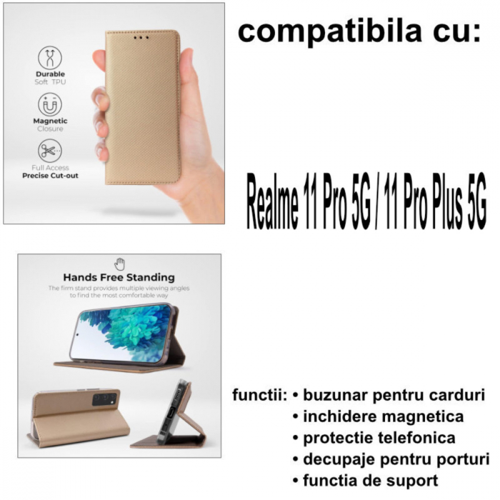 Husa tip carte, compatibila cu Realme 11 Pro 5G / 11 Pro Plus 5G, premium flip book cu inchidere magnetica si functie stand, buzunar card, auriu [4]
