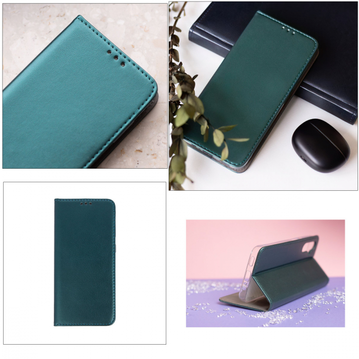 Husa tip carte, compatibila cu Samsung Galaxy A06, premium flip book cu inchidere magnetica si functie stand, buzunar card, verde inchis [4]