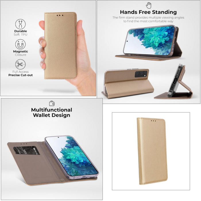 Husa tip carte, compatibila cu Samsung Galaxy A12 / M12, premium flip book cu inchidere magnetica si functie stand, buzunar card, auriu [3]
