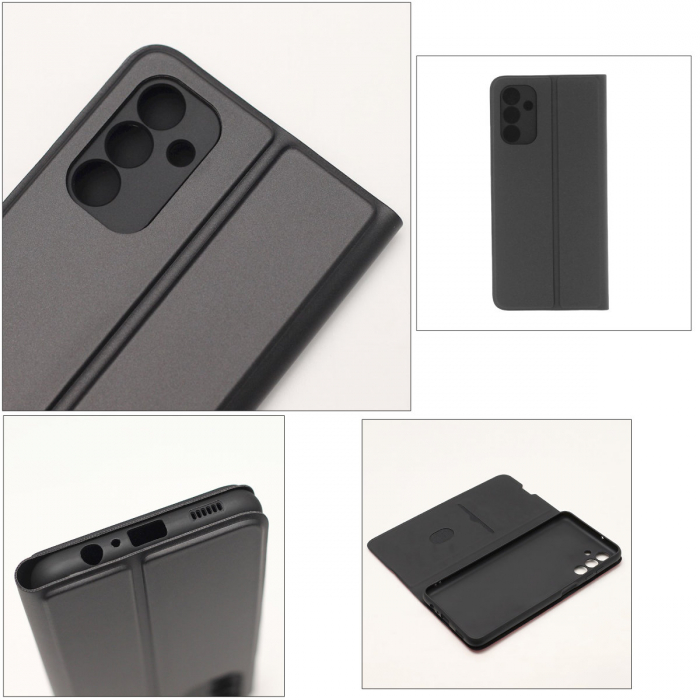 Husa tip carte Smart Soft, pentru Samsung Galaxy A14 4G / A14 5G, premium flip book cu inchidere magnetica si functie stand, buzunar card, neagra [3]