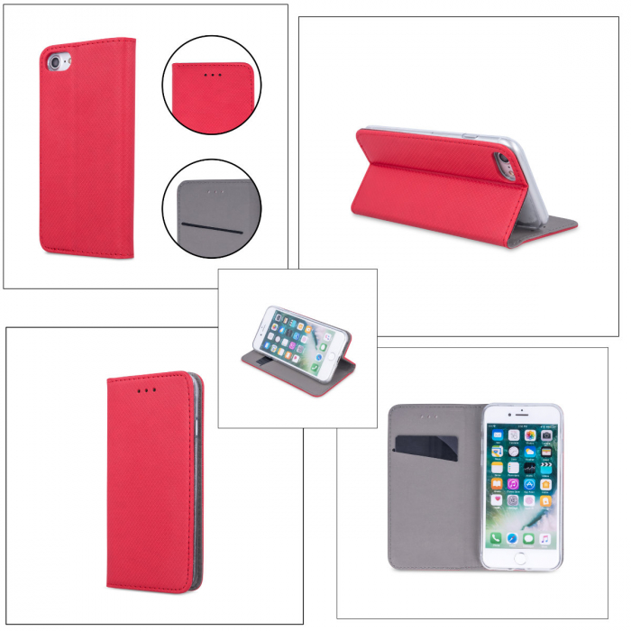 Husa tip carte, compatibila cu Samsung Galaxy A20e (SM-A202F), premium flip book cu inchidere magnetica si functie stand, buzunar card, rosie [4]