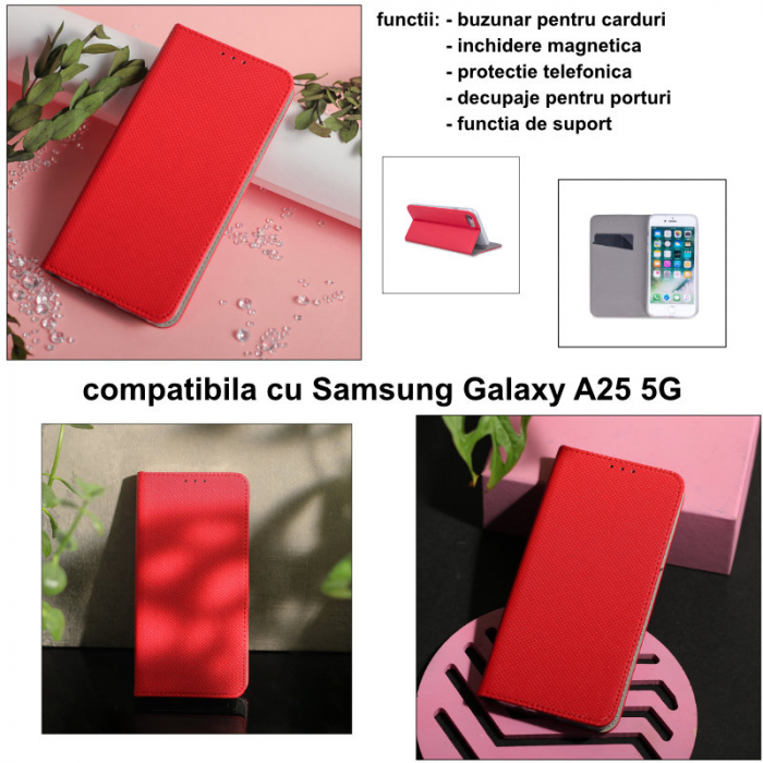 Husa tip carte, compatibila cu Samsung Galaxy A25 5G, premium flip book cu inchidere magnetica si functie stand, buzunar card, rosie [6]