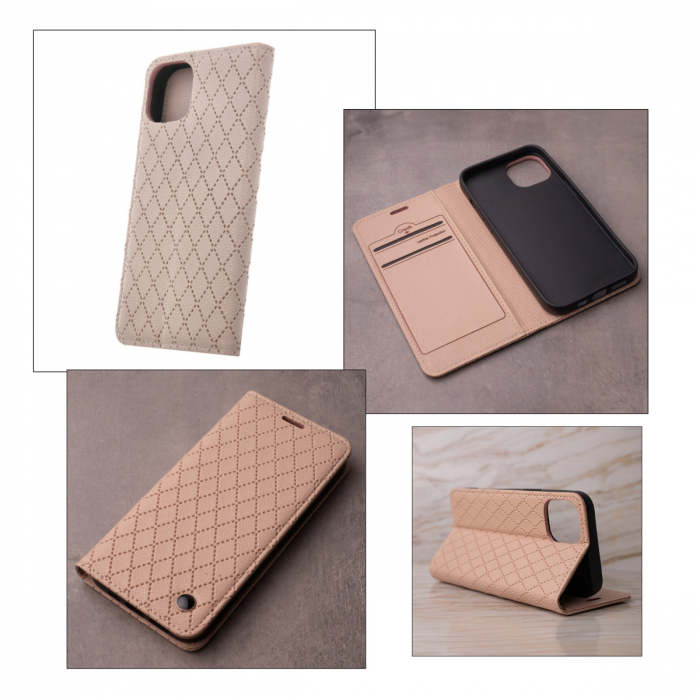 Husa tip carte, Smart Caro, compatibila cu Samsung Galaxy A55 5G, cu inchidere magnetica si functie stand, buzunar card, bej [5]