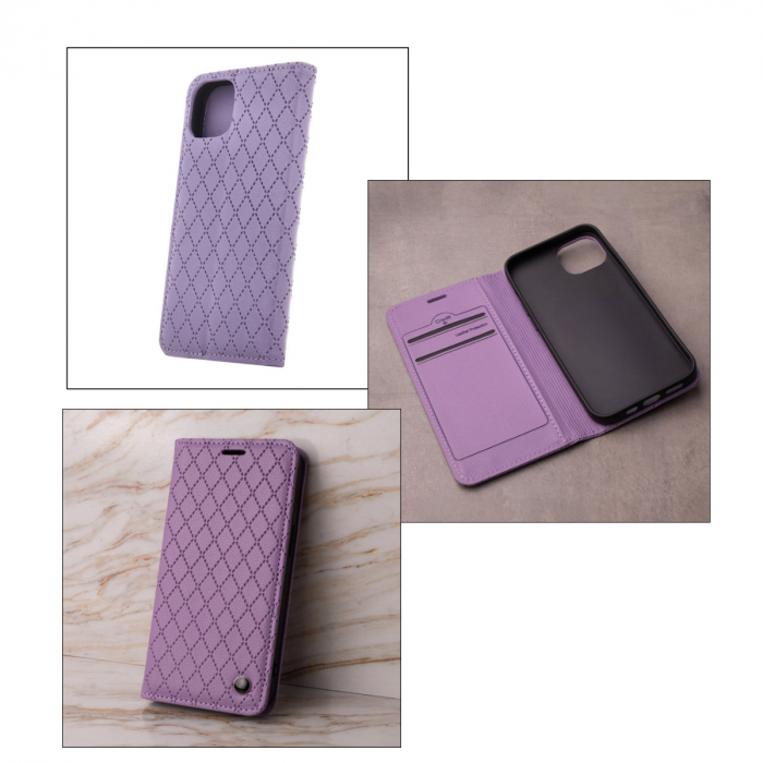 Husa tip carte, Smart Caro, compatibila cu Samsung Galaxy A55 5G, cu inchidere magnetica si functie stand, buzunar card, mov [5]