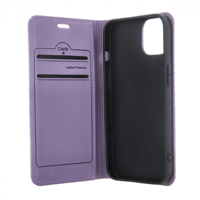 Husa tip carte, Smart Caro, compatibila cu Samsung Galaxy A55 5G, cu inchidere magnetica si functie stand, buzunar card, mov [2]
