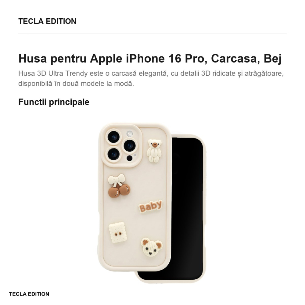 Husa Ultra Trendy 3D bear pentru Apple iPhone 16 Pro, Carcasa, Bej [2]