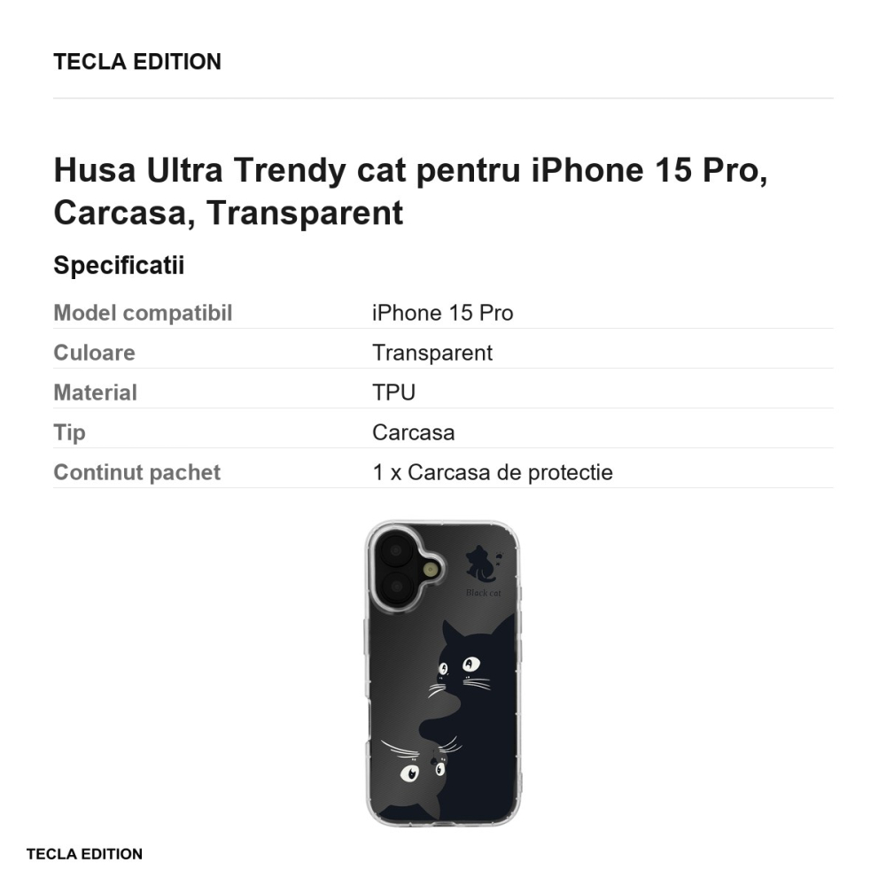 Husa Ultra Trendy cat pentru iPhone 15 Pro, Carcasa, Transparent [3]
