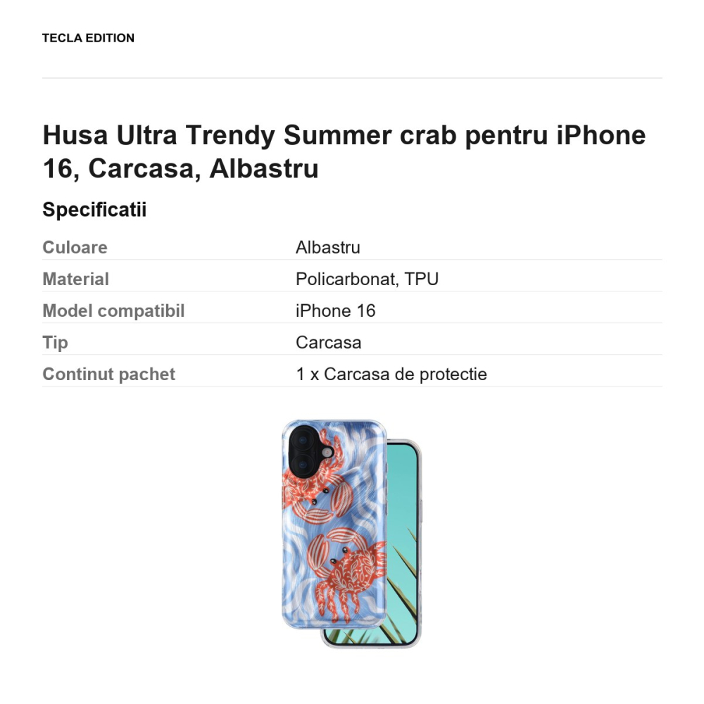 Husa Ultra Trendy Summer crab pentru iPhone 16, Carcasa, Albastru [3]