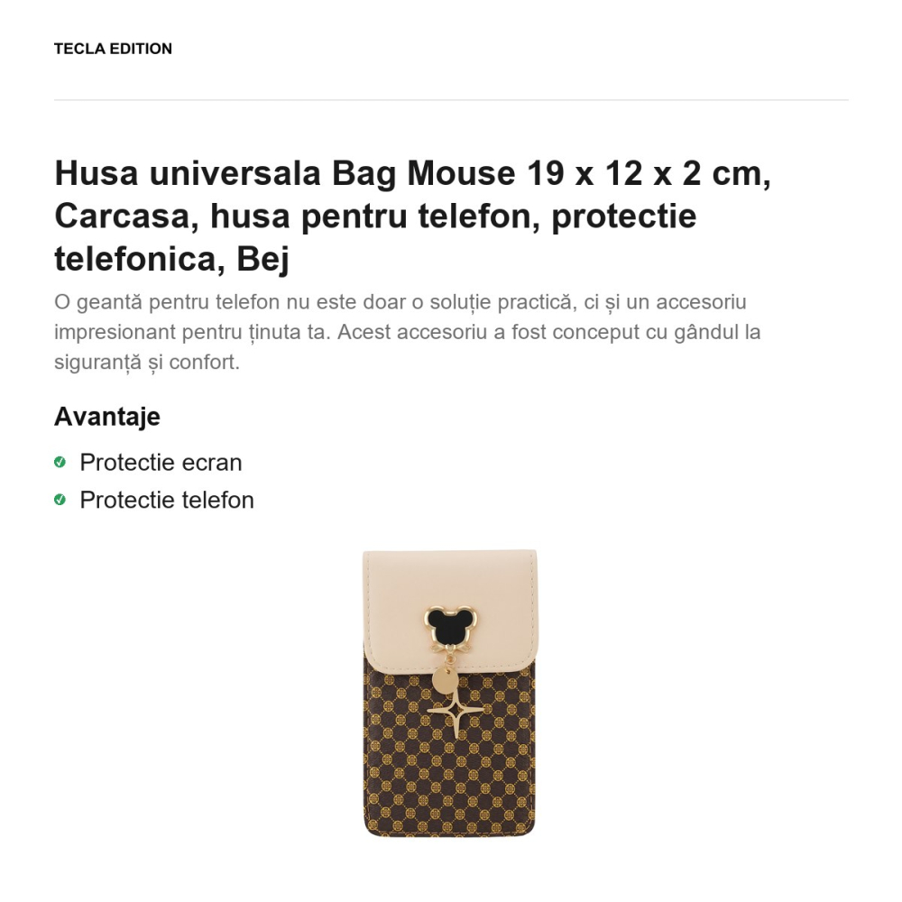Geanta de telefon Mouse, dimensiuni 19 x 12 x 2 cm, pentru telefoane de pana la 6.7 inch, cu curea de umar, Bej [2]