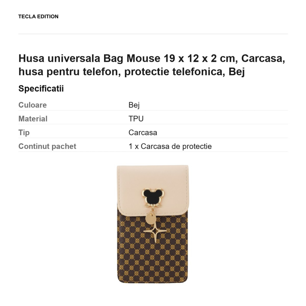 Geanta de telefon Mouse, dimensiuni 19 x 12 x 2 cm, pentru telefoane de pana la 6.7 inch, cu curea de umar, Bej [3]