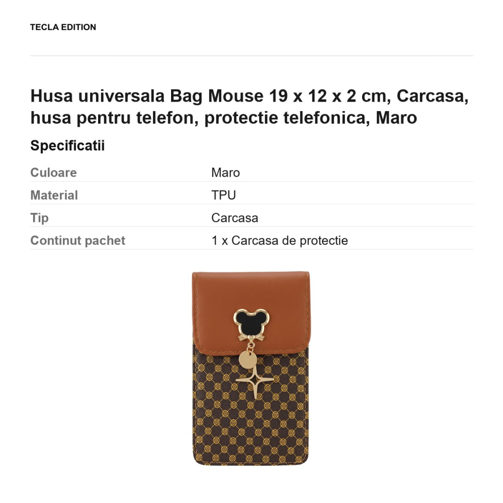 Geanta de telefon Mouse, dimensiuni 19 x 12 x 2 cm, pentru telefoane de pana la 6.7 inch, cu curea de umar, Maro [3]