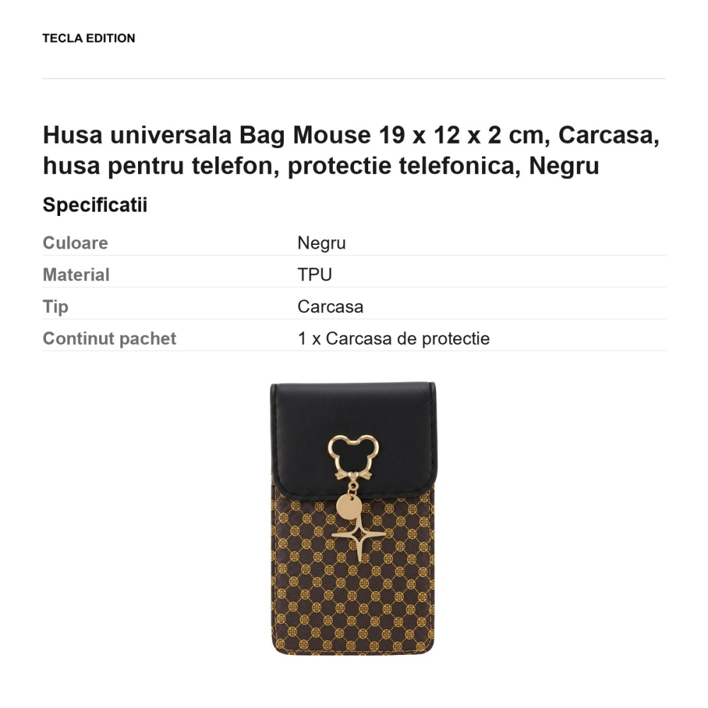 Geanta de telefon Mouse, dimensiuni 19 x 12 x 2 cm, pentru telefoane de pana la 6.7 inch, cu curea de umar, Neagra [3]