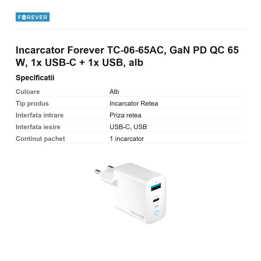 Incarcator Forever TC-06-65AC, GaN PD QC 65 W, 1x USB-C + 1x USB, alb [3]
